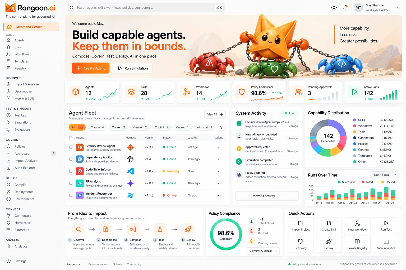 Design preview interface design showing Rangoon's orange and white agent management workspace