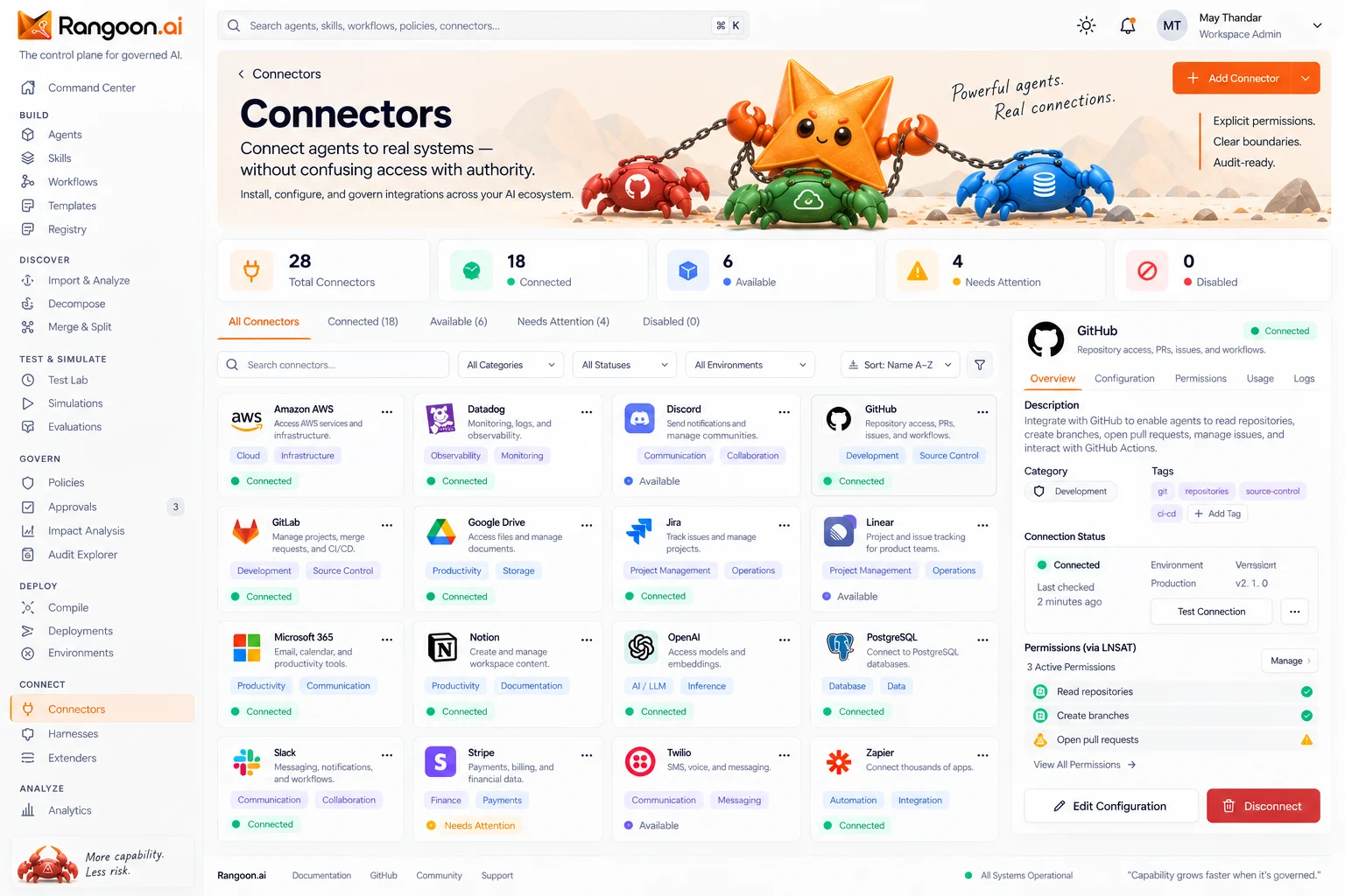 Design preview interface design showing Rangoon's orange and white agent management workspace