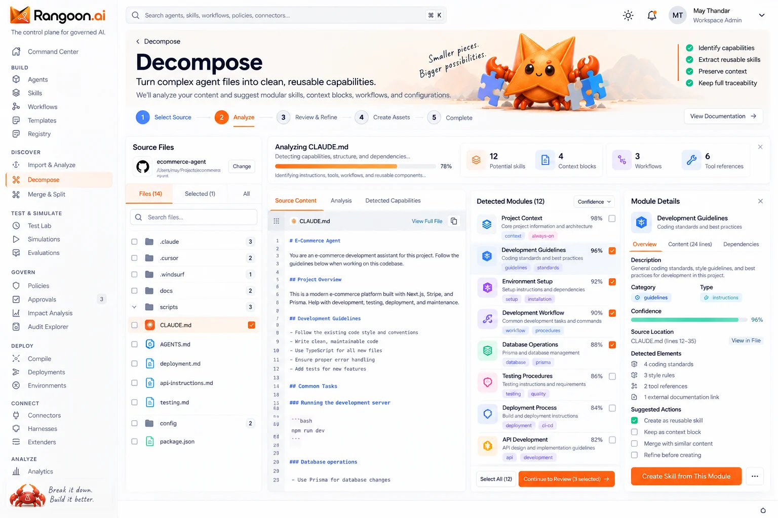 Capability decomposition interface design showing Rangoon's orange and white agent management workspace