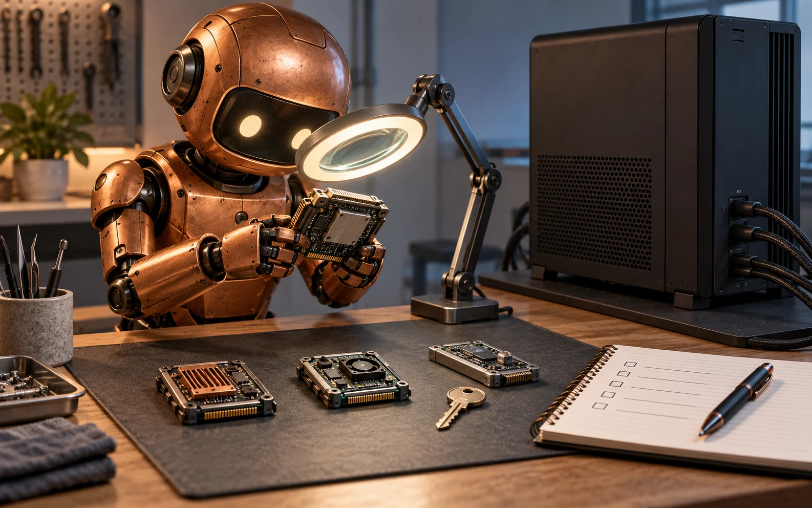 A copper robot inspects removable circuit modules beside a physical key and checklist at an engineering workbench.