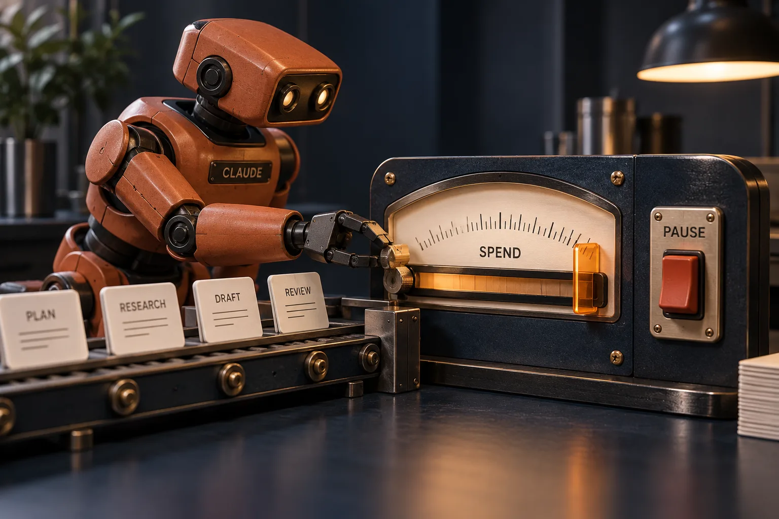 A terracotta Claude robot adjusting a session spend meter beside a pause switch