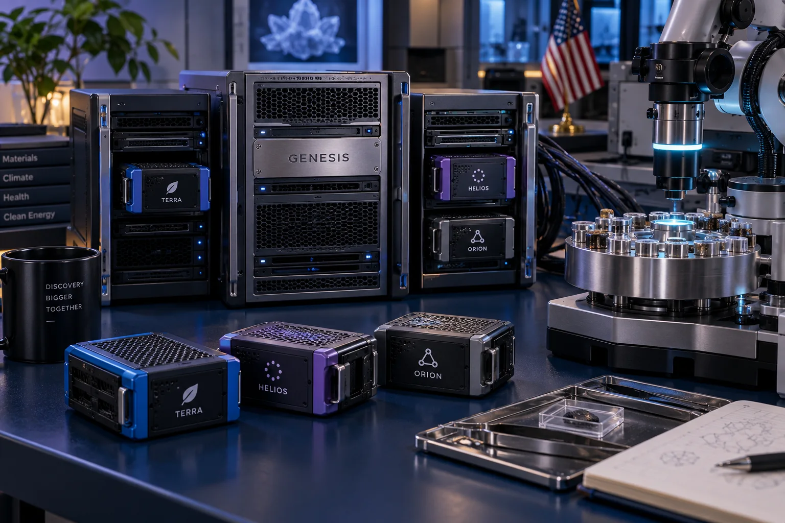 Genesis research compute racks connected to scientific laboratory instruments