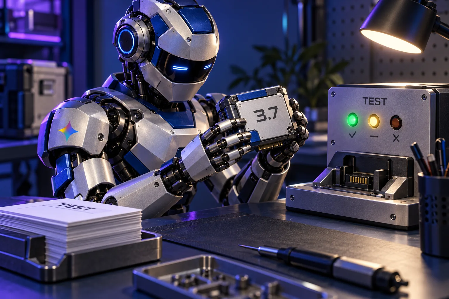 A cobalt Gemini engineer robot checking a model cartridge on a test bench