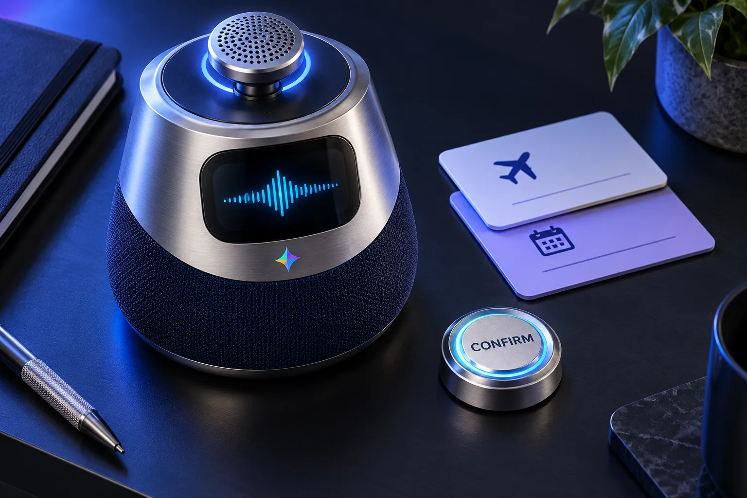 A silver voice terminal beside a physical confirmation key and action cards