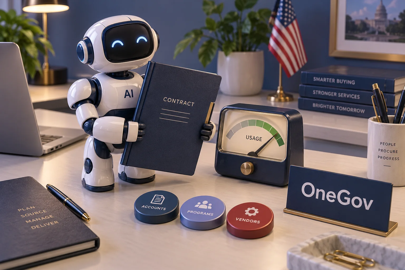 A procurement robot reviewing a OneGov contract beside a physical usage meter