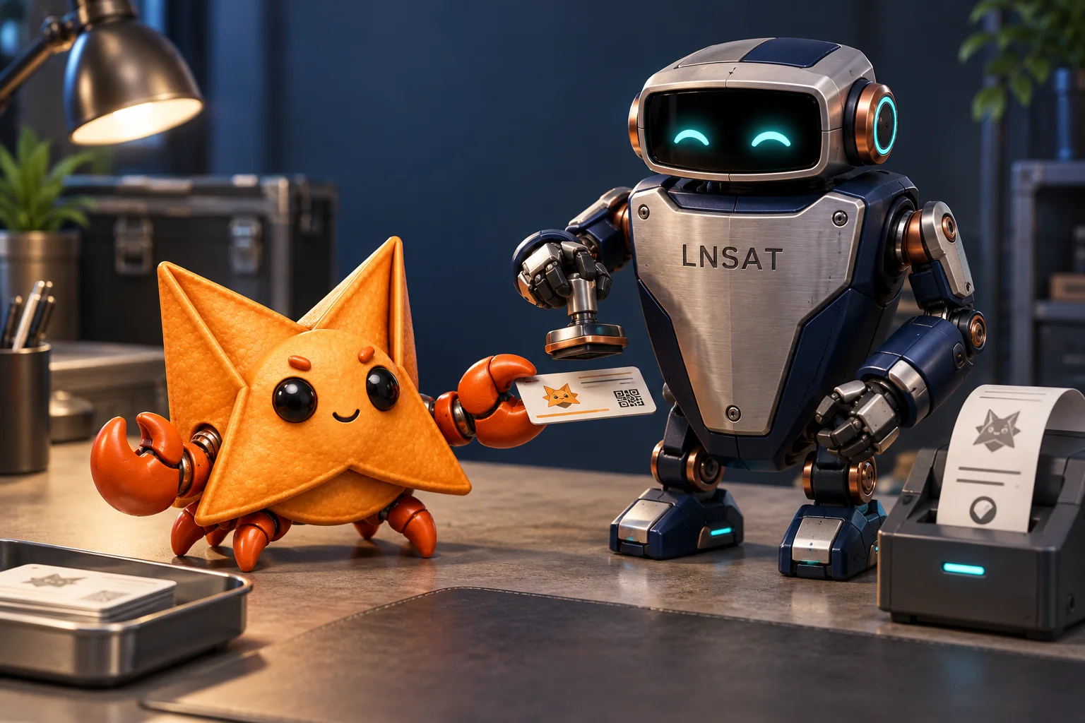 Rangoon handing an action card to a navy LNSAT gatekeeper robot