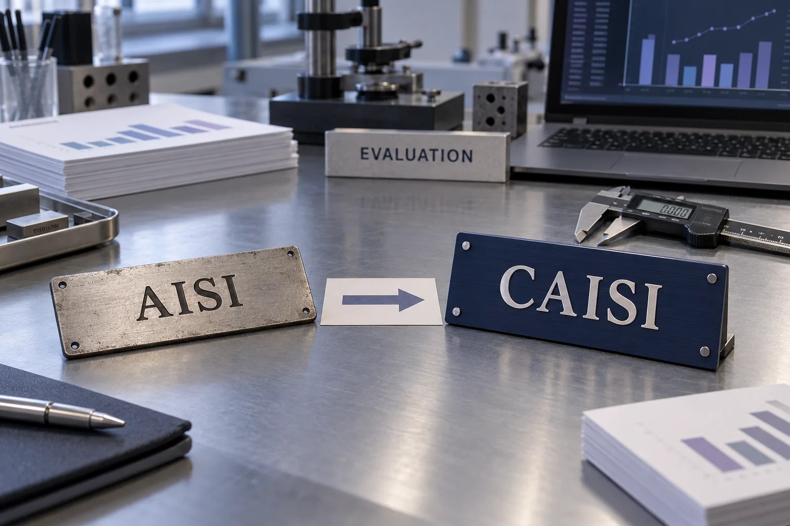 A NIST-inspired measurement bench with an AISI placard and new CAISI nameplate