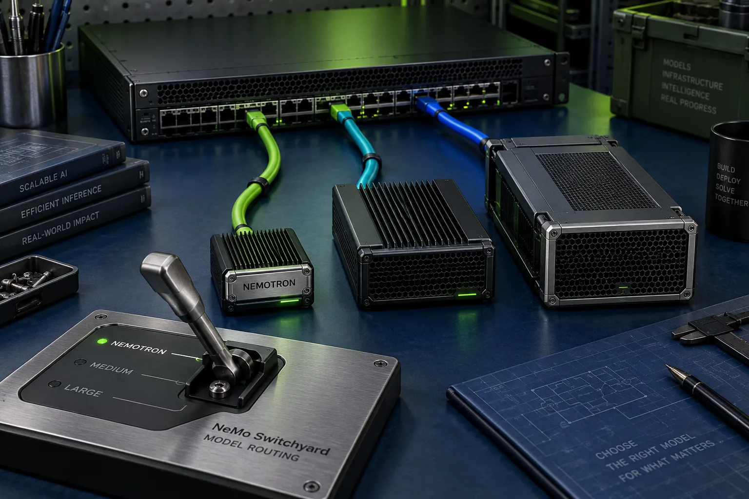 A physical routing lever and three inference modules connected to a network switch