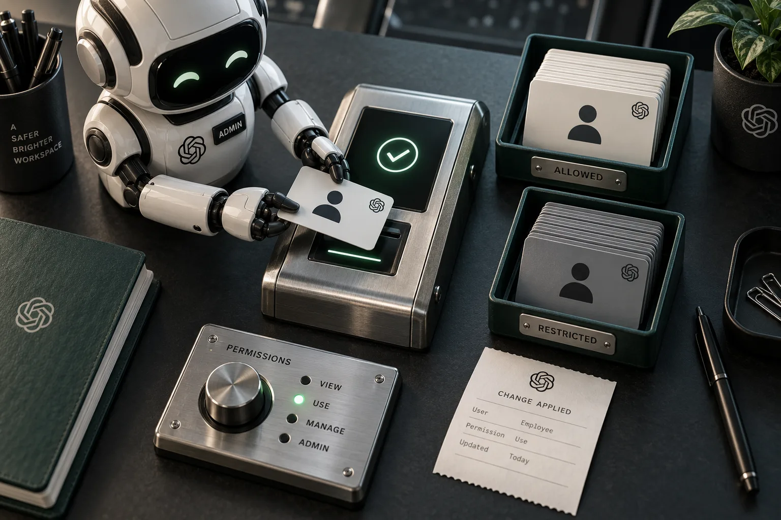An admin robot moving access cards through a permissions checkpoint beside a change receipt