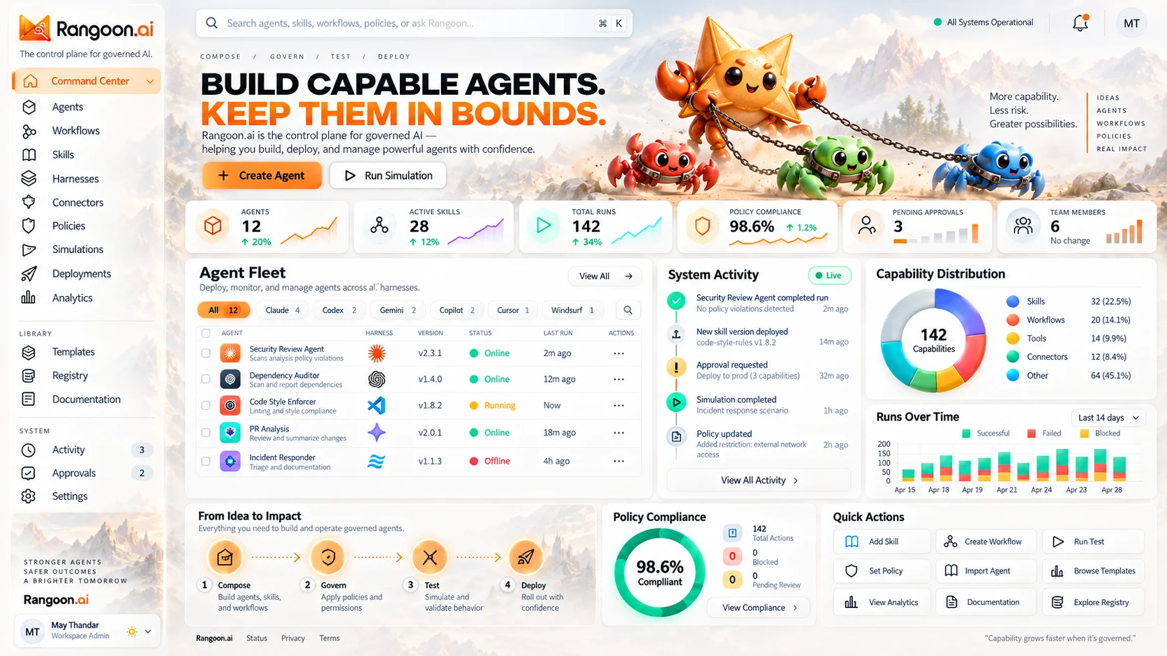 Design preview interface design showing Rangoon's orange and white agent management workspace