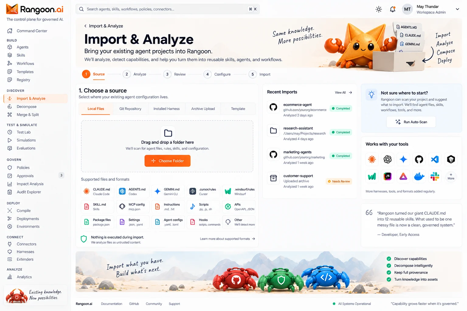 Design preview interface design showing Rangoon's orange and white agent management workspace