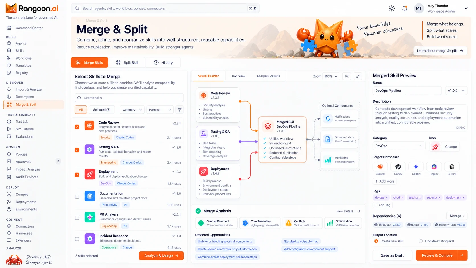 Merge & Split interface design showing Rangoon's orange and white agent management workspace