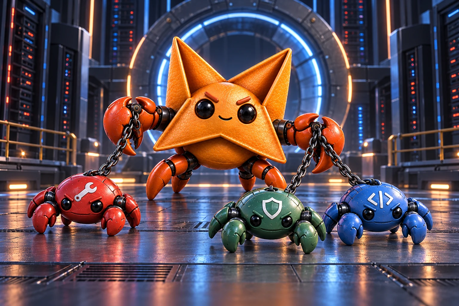 Orange Rangoon holding chains connected to three smaller agent crabs