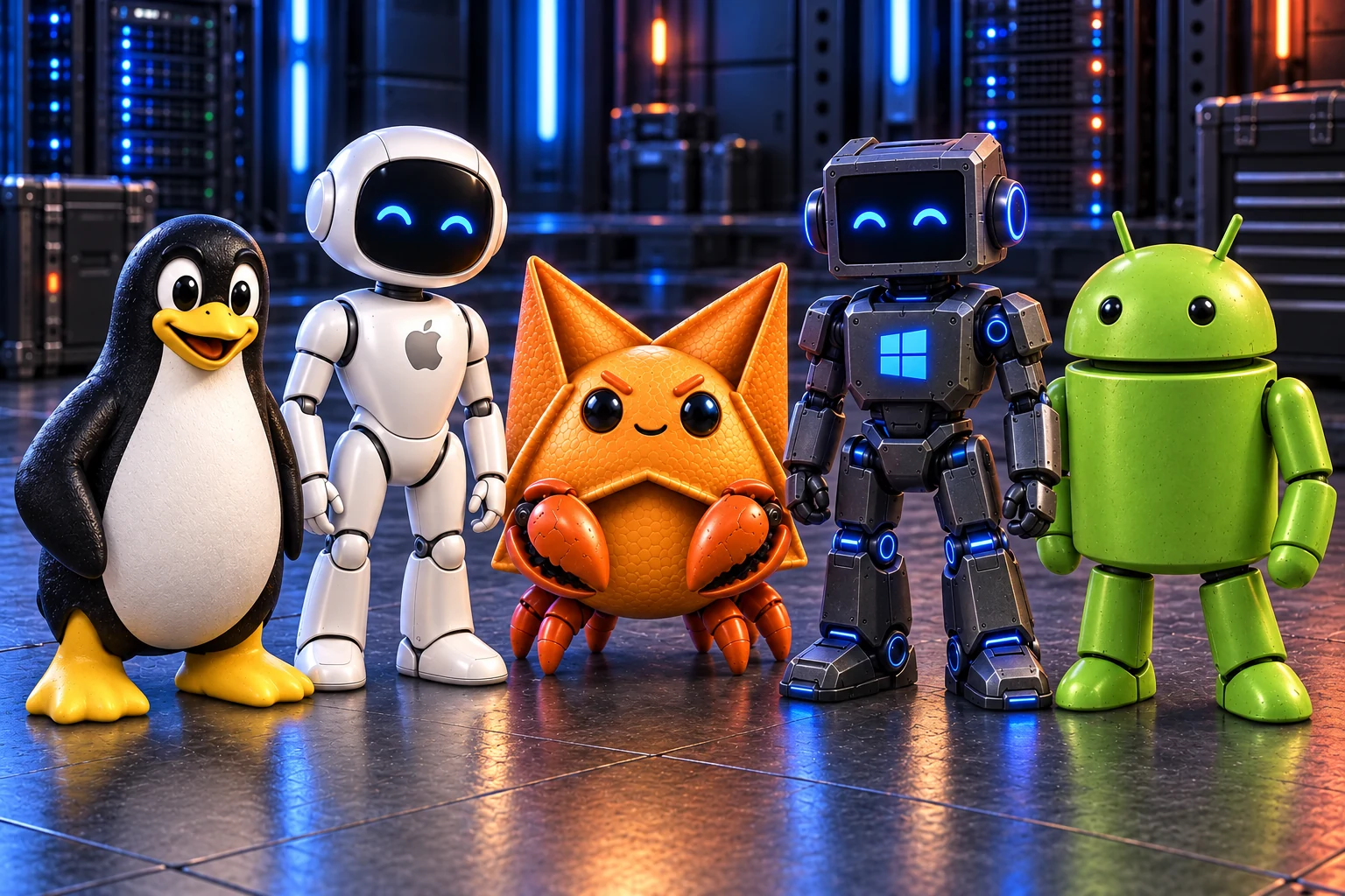 Rangoon standing with a Linux penguin and macOS, Windows and Android-inspired robots
