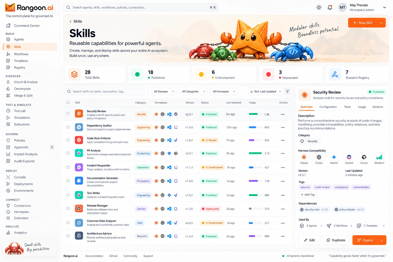 Design preview interface design showing Rangoon's orange and white agent management workspace
