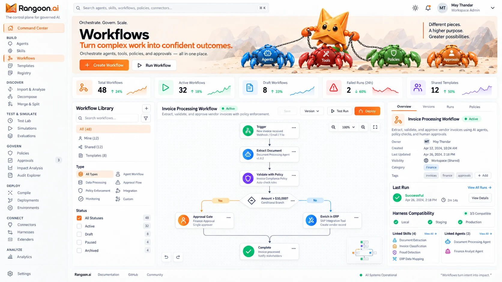 Design preview interface design showing Rangoon's orange and white agent management workspace